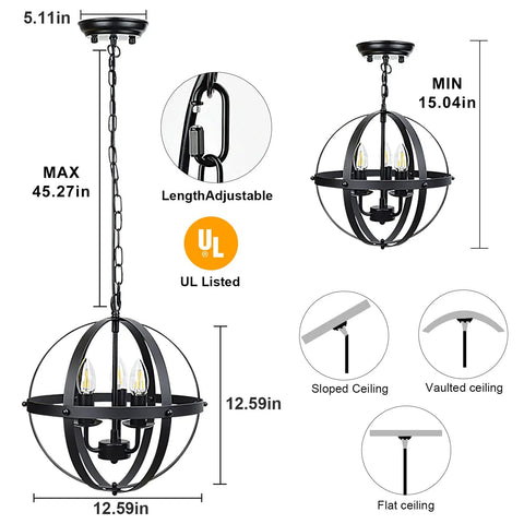 Diagram showing dimensions of Three Light Vintage Pendant Chandelier In Matte Black With Spherical Shades, Flush Mount Fixture.