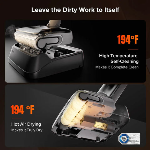 Two views of the All In One Cordless Vacuum Mop For Hard Floors With 20000Pa Suction Wet Dry Cleaning Edge To Edge Self Cleaning Electric Mop, highlighting self-cleaning and drying features at 194°F.