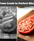 Comparison of crushed tomato slice on left and evenly sliced tomato on right using Rolling Knife Sharpener With Magnetic Angle Guide 15 And 20 Degree Two-Stage Diamond Ceramic Sharpening Kit With N52 Magnets Heavy Duty Wood Base Kitchen Knife Sharpener Tool Gift For Men Dad