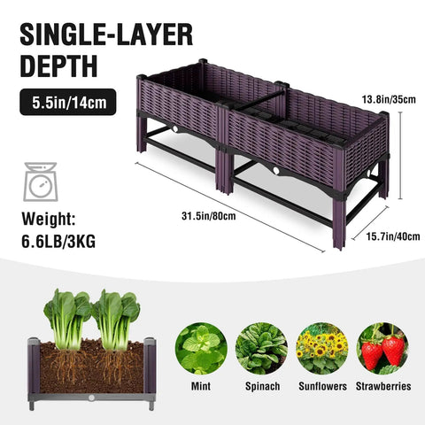 Sturdy Raised Garden Bed With Reinforcement Rods, Elevated Planter Box For Outdoor Plants With Drainage Holes, Perfect For Flowers, Vegetables, Herbs On Patio, Deck, Balcony Or Backyard, Purple, dimensions shown