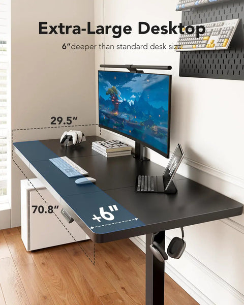 Electric Standing Desk 71 By 30 Inch Built To Be A Workhorse with monitor and keyboard, showcasing T-shaped frame.