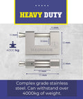Infographic of Armored High Security Padlock For Outdoor Storage Units Sheds Gates And Garages Weatherproof Heavy Duty Lock with 0.70 Inch Shackle Clearance, 0.39 Inch Thick Bolt, and 3 Keys, showing 10 mm thickness and 4000 kg durability.