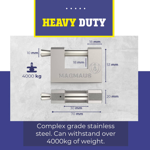 Infographic of Armored High Security Padlock For Outdoor Storage Units Sheds Gates And Garages Weatherproof Heavy Duty Lock with 0.70 Inch Shackle Clearance, 0.39 Inch Thick Bolt, and 3 Keys, showing 10 mm thickness and 4000 kg durability.