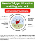 Diagram showing how to trigger vibration and flagpole lock on a golf rangefinder with slope switch and 0.8 second readouts.