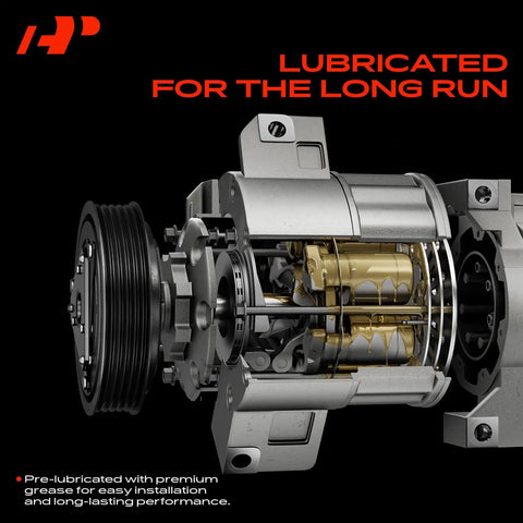 Top Shelf Air Conditioning AC Compressor With Clutch For Buick Lacrosse And Regal Featuring CVC Design PAG46 Fluid and Seven Groove Pulley, showing mechanical components.