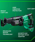 Cordless Reciprocating Saw With 36V MultiVolt, 4-Stage Speed Selector Range labeled features like LED light and brushless motor.
