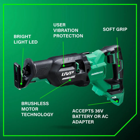 Cordless Reciprocating Saw With 36V MultiVolt, 4-Stage Speed Selector Range labeled features like LED light and brushless motor.