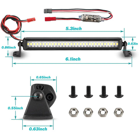 Components of Beefy 30 LED 5.3 Inch Aluminum Roof Light Bar For RC Crawlers including light bar and mounting hardware.
