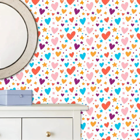 Heart And Star Romance Pattern Peel And Stick Wallpaper Removable Self Adhesive Wall Covering on smooth wall with mirror.