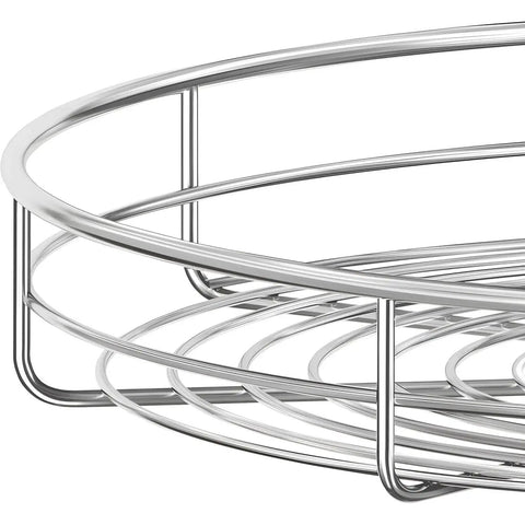 Close-up of stainless steel wire rack on 24 inch kidney shape cabinet Lazy Susan turntable with 2 shelf set
