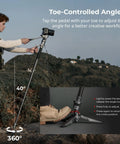 Carbon Fiber Camera Monopod Featuring Smooth One Button Height Adjustment in use with toe-controlled angles on outdoor terrain.