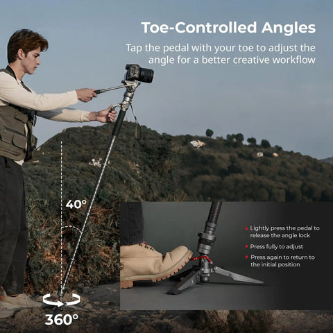 Carbon Fiber Camera Monopod Featuring Smooth One Button Height Adjustment in use with toe-controlled angles on outdoor terrain.