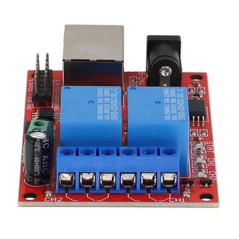 Industrial Ethernet 2 Way Relay Board Delay Switch Controller Module With STC Chip DC 5V To 24V, top view.