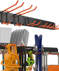 Garage Wall Mount Tool Organizer With Heavy Duty Hooks 48 Inch Steel Yard And Garden Tool Holder Holds Up To 450 Lbs For All Your Gear Rake Broom Mop Snowboard And More Keeps Your Workshop Shed And Garage Clutter Free installed with tools hanging