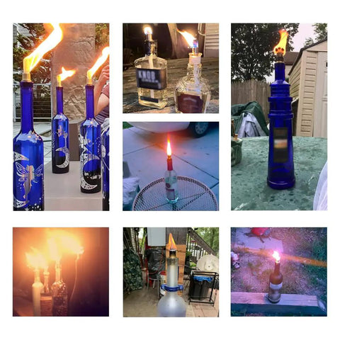 Collage of Eight Pack Wine Bottle Torch Kit With Long Life Fiberglass Wicks And Brass Mounts for Epic Outdoor Garden Lighting