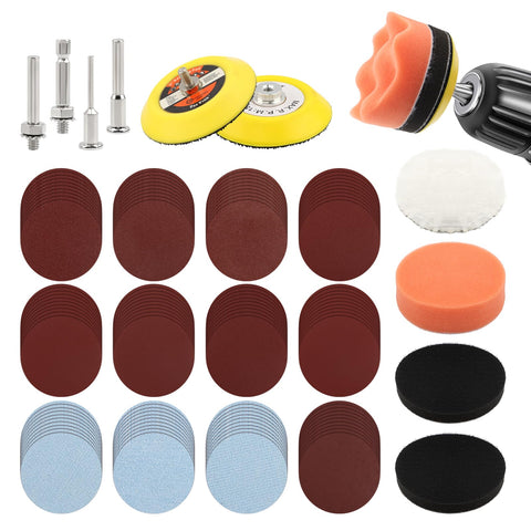 Complete view of 131Pcs 3 Inch Sanding Disc Drill Polishing Kit With Attachments For Drill Grinder Rotary Tools Dry Wet Headlight Restoration Car Polishing Glass Finishing Scum Removal Pro Grade DIY Buffing Kit showing silicon carbide discs, PU pads, and drill attachments.