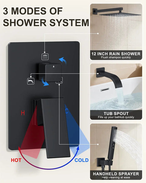 Wall Mounted Bathtub Shower System With A Clean Matte Black Look And Legit Heavy Duty Brass Rough In Valve, Includes A Massive 12 Inch Rainhead And Handheld Spray Combo For Stress Free Reno Jobs