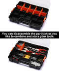 Interlocking Tool Box Organizer Two Piece Set With Removable Dividers For Small Parts Fasteners And Crafts Black Durable Plastic Case With Secure Latch Keeps Tools And Contents In Place
