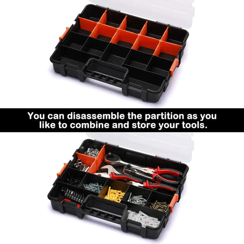 Interlocking Tool Box Organizer Two Piece Set With Removable Dividers For Small Parts Fasteners And Crafts Black Durable Plastic Case With Secure Latch Keeps Tools And Contents In Place
