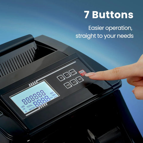 Close-up of Pro Grade High Speed Money Counter Machine With UV MG IR DD Detection LCD display and control buttons