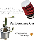 Performance Boosts Top Speed Carburetor Air Filter Adapter Kit For FRP GMB100 Coleman CT100U CC100X 98cc Predator 79cc 3HP Engine Massimo MB100 79cc Mini Bike SK100 CK100 Go Kart Red shown with carburetor, red air filter, and rich main jet.