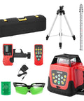 Heavy Duty 360 Degree Rotary Laser Level Kit With 2000 Ft Green Beam includes tripod, receiver, case, and safety glasses.