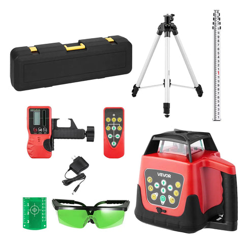 Heavy Duty 360 Degree Rotary Laser Level Kit With 2000 Ft Green Beam includes tripod, receiver, case, and safety glasses.