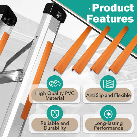 4 Piece Ladder Stabilizer Covers For Gutters And Roof With Non Slip Grip Strips Fits Most Ladders Easy Cut To Fit Anti Slip Guard For Fall Prevention And Scratch Protection Bright Orange shown with product features