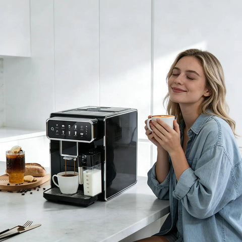 Fully Automatic Espresso Machine With Built In Adjustable Grinder And Auto Milk Frother Seven One Touch Brew Presets in kitchen with user.