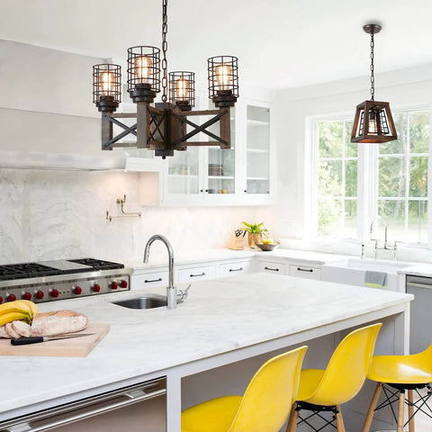 Wood Farmhouse Cage Chandelier Four Light Pendant for Kitchen Island Industrial Chic Dining Table Vintage Edison Ceiling Light Brown and Black Rustic Fixture over modern kitchen.
