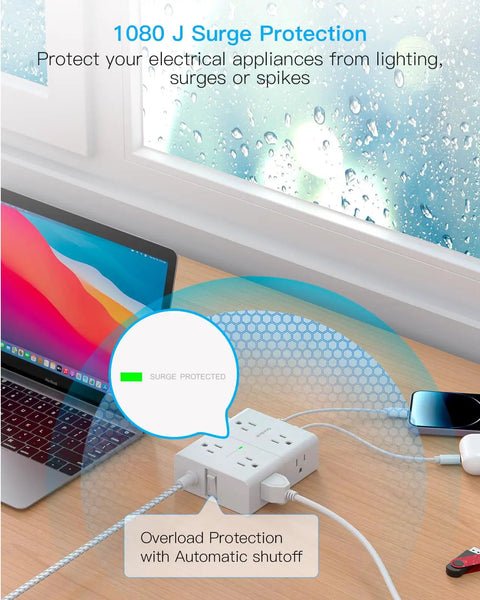 15 Foot Extension Cord With Flat Plug Surge Protector Power Strip Featuring Eight Widely Spaced Outlets And Four Fast Usb Charging Ports on desk with laptop and surge protection.