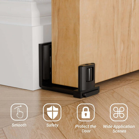 Sliding Barn Door Floor Guide With Adjustable Roller, U-Shape Flexible Flush Design, Wall Mounted Black, Dual-Sided Pulleys