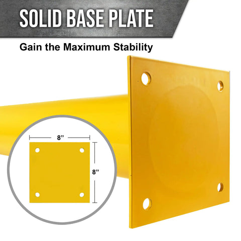 Rock Solid Yard Safety Bollard's 8x8 inch solid base plate for maximum stability, 12 gauge steel, bright yellow finish.
