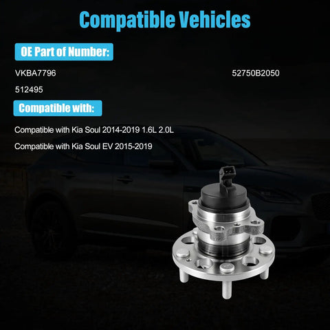 Premium 2 Piece Rear Wheel Hub And Bearing Assembly Bolt On Direct Fit Replacement For Kia Soul And Soul Ev, showing compatibility details.