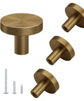 Four Pack Cabinet Drawer Knobs With Round Pulls For Closet Featuring Slick Brushed Antique Brass Finish Premium Aluminum Alloy Hardware No Fuss Install Rock Solid Grip, showing three knobs and mounting screws.