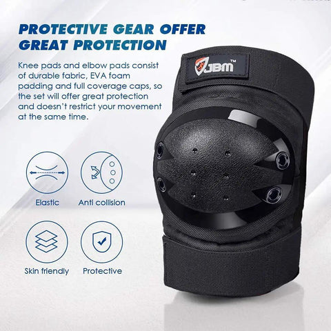 Knee Pads Elbow Pads And Wrist Guards Full Protective Gear For Skateboarding Inline Skating And Scooter For Ages 12 And Up Durable Hard PP Shell With Thick EVA Foam Padding Adjustable Straps Black with protective features displayed