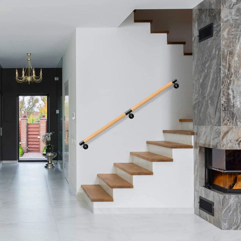 Rock Solid 80 Inch Real Wood Indoor Stairs Handrail Wall Mount Safety Rail with Heavy Duty Metal Brackets on staircase.