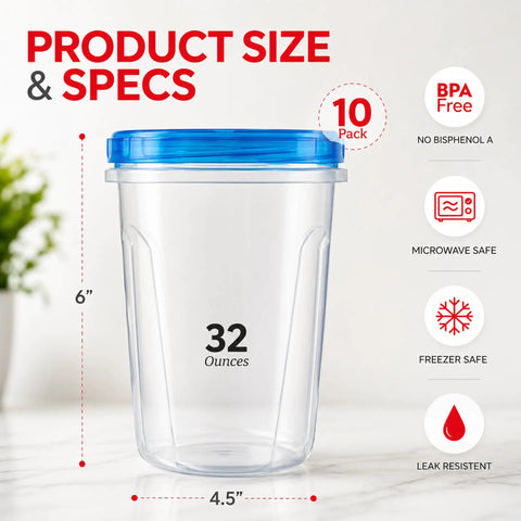 Leakproof 10 Pack 32 Ounce Freezer Storage Containers With Twist Top Lids BPA Free Reusable Food Storage For Meal Prep