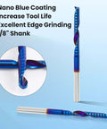 HQMaster O-flute CNC router bits, blue nano coating, 1/8" shank, spiral upcut end mills (2 shown) for wood/plastic