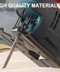 Close-up of a blue and black jigsaw with an installed metal cutting blade in the blade clamp