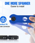 All-In-One Solar Crimp Tool Kit 13 Piece Set For Panel Wiring And Installation showing blue connector spanner and solar connector