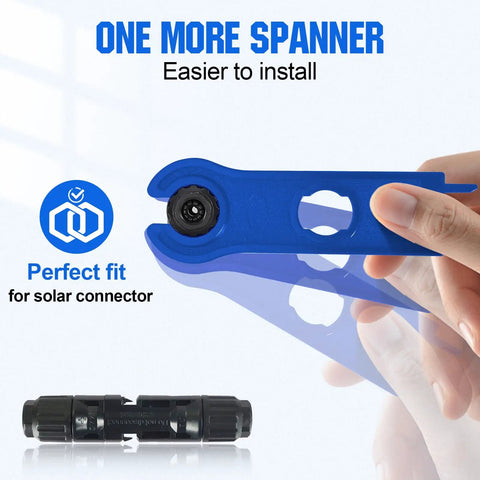 All-In-One Solar Crimp Tool Kit 13 Piece Set For Panel Wiring And Installation showing blue connector spanner and solar connector