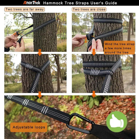 Guide showing setup of Ultra Lightweight Camping Hammock With Two Tree Straps Parachute Nylon Supports 500 Lbs Single Or Double