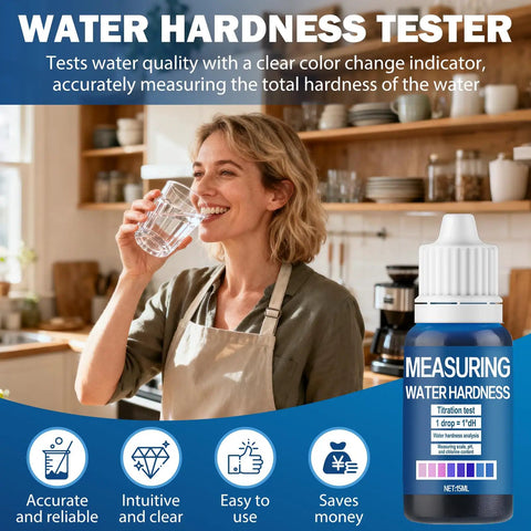 Hard Water Test Kit 10ml Quick Home Water Quality Check With Testing Solution Measuring Cup And Tube Stopper Fast Accurate Hardness Testing For On The Go Water Quality. Woman drinking water in kitchen beside 15ml hardness test bottle