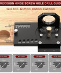 Precision hinge screw hole drill guide showing dimensions on wood surface, featuring various diameter settings for cabinet doors.