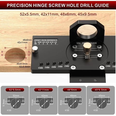 Precision hinge screw hole drill guide showing dimensions on wood surface, featuring various diameter settings for cabinet doors.