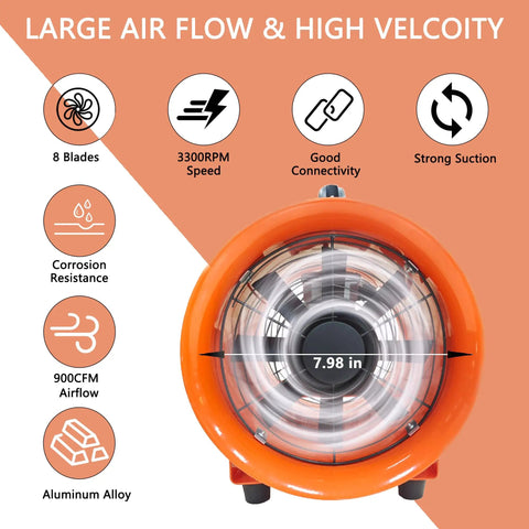 Front view of 8 Inch Portable Axial Exhaust Fan With 900 CFM High Velocity Ventilator and 7.98-inch blade size.