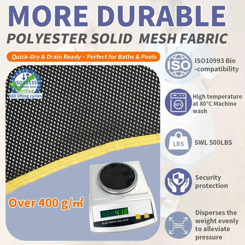 Super Cool And Durable Full Body Mesh Patient Lift Sling For Electric Ceiling Hoists With Quick Dry Breathable Fabric And 500 Lb Capacity For Easy Elderly Transfer, showing durable mesh fabric with weight capacity info.