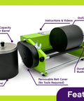 Pro Series Double Barrel Rock Tumbler Kit With 3 Pound Gemstone Mix And Two Batches Of Four Step Grit And Polish With Plastic Pellets Leak Proof Barrel For Quiet Operation And Heavy Duty DC Motor Built For Around The Clock Use All Day Everyday showing components and features