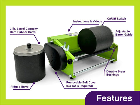 Pro Series Double Barrel Rock Tumbler Kit With 3 Pound Gemstone Mix And Two Batches Of Four Step Grit And Polish With Plastic Pellets Leak Proof Barrel For Quiet Operation And Heavy Duty DC Motor Built For Around The Clock Use All Day Everyday showing components and features